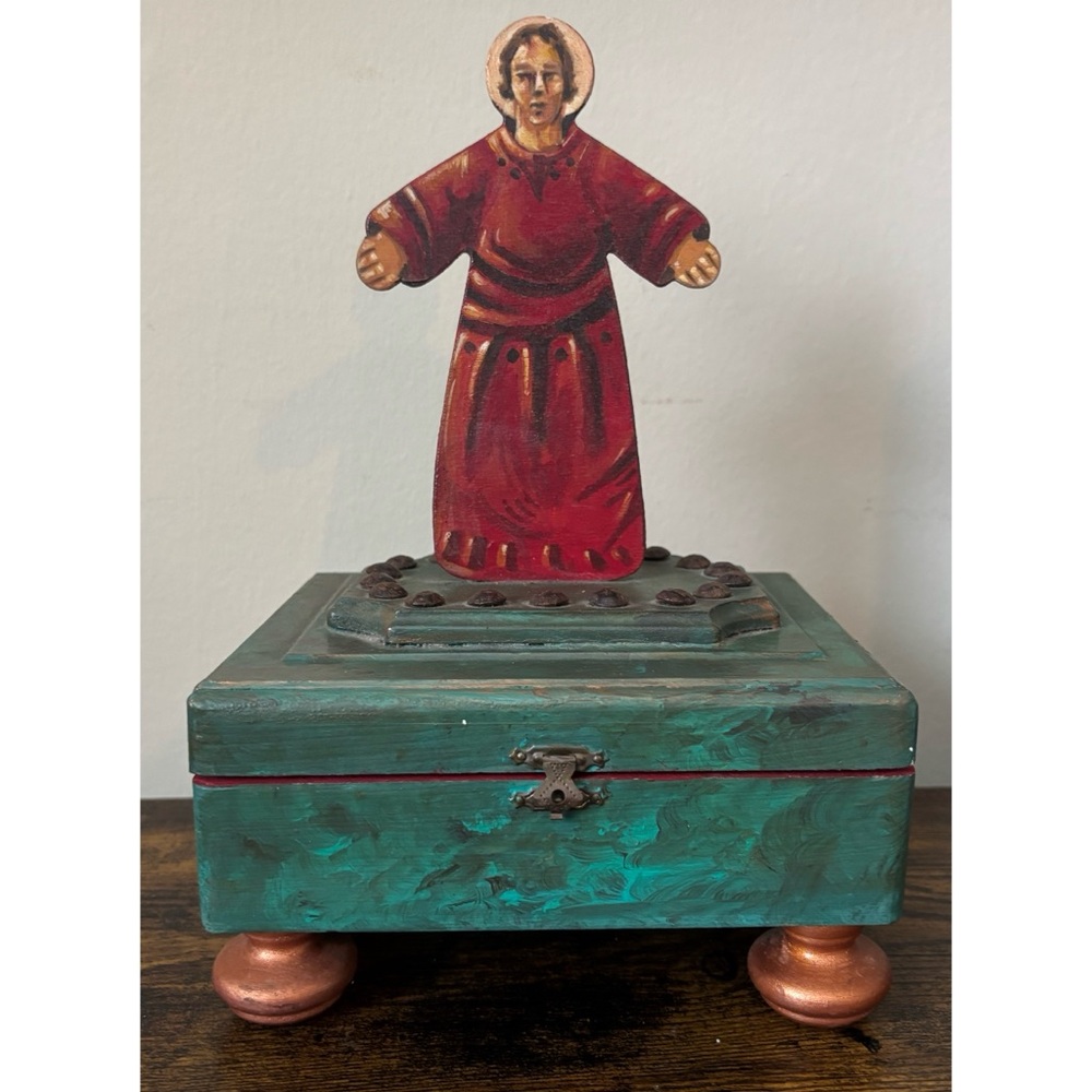 Vintage Italian Hand-Painted Teal Jewelry Box with Red Saint Figurine Accent